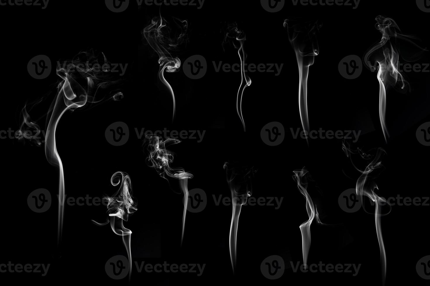 Set of white smoke or cloud shot in studio, white smoke from incense and black background, wave and splash shape for design, object and background concept photo