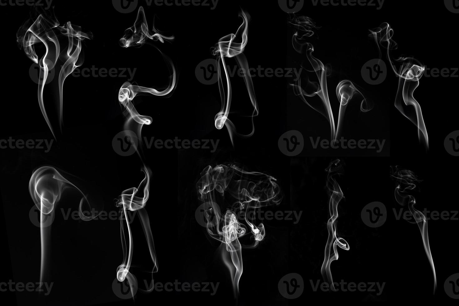 Set of white smoke pack shot in studio, white smoke from incense and black background, wave and splash shape for design, object and background concept photo