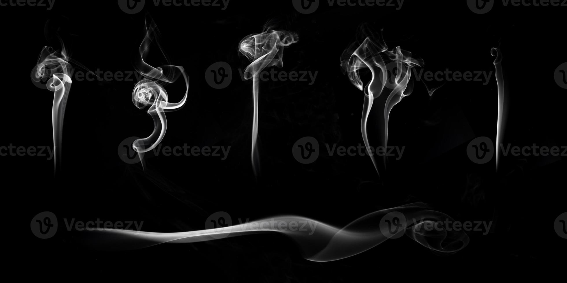 Multi style of white smoke set shot in studio, white smoke from incense and black background, wave and splash shape for design, object and background concept photo