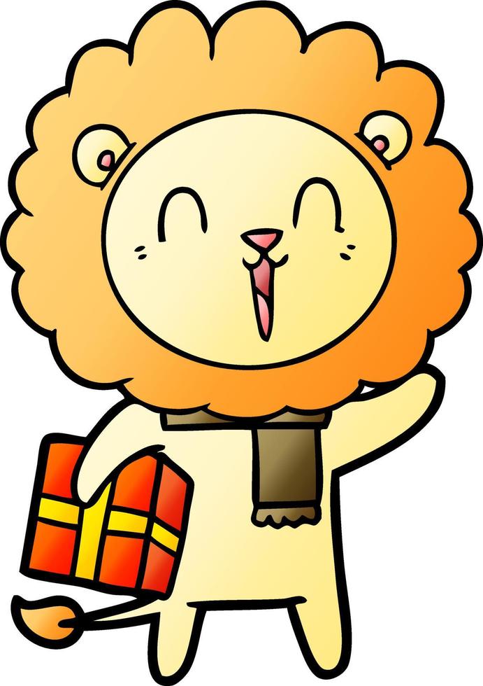 dibujos animados de león riendo con regalo de navidad vector