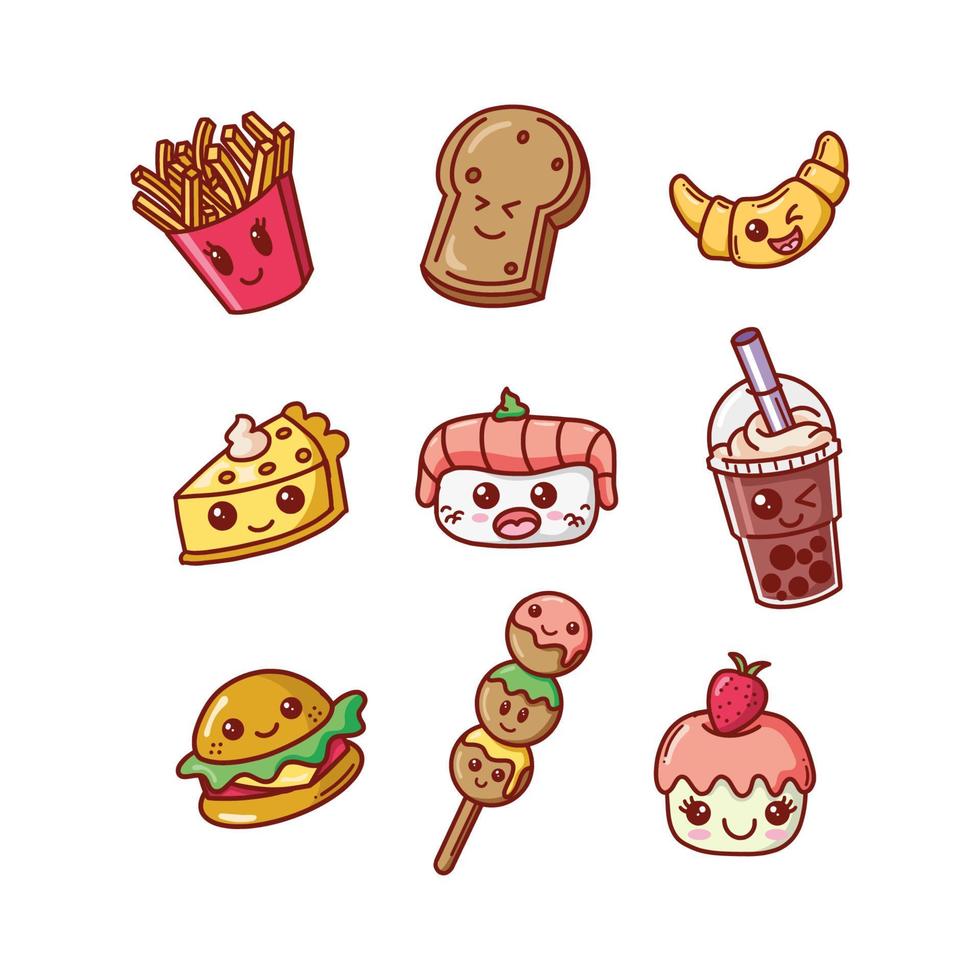 set de pegatinas de comida kawaii dibujadas a mano vector