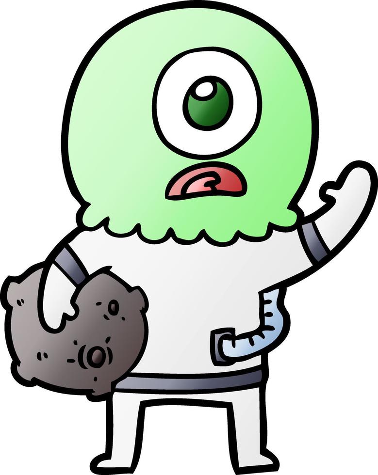 cartoon cyclops alien spaceman waving vector
