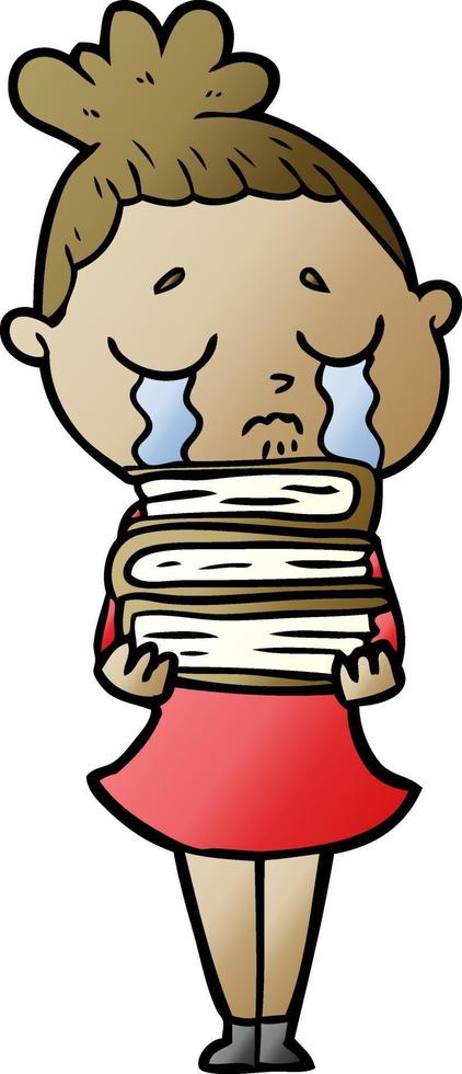cartoon crying woman with stack of books vector