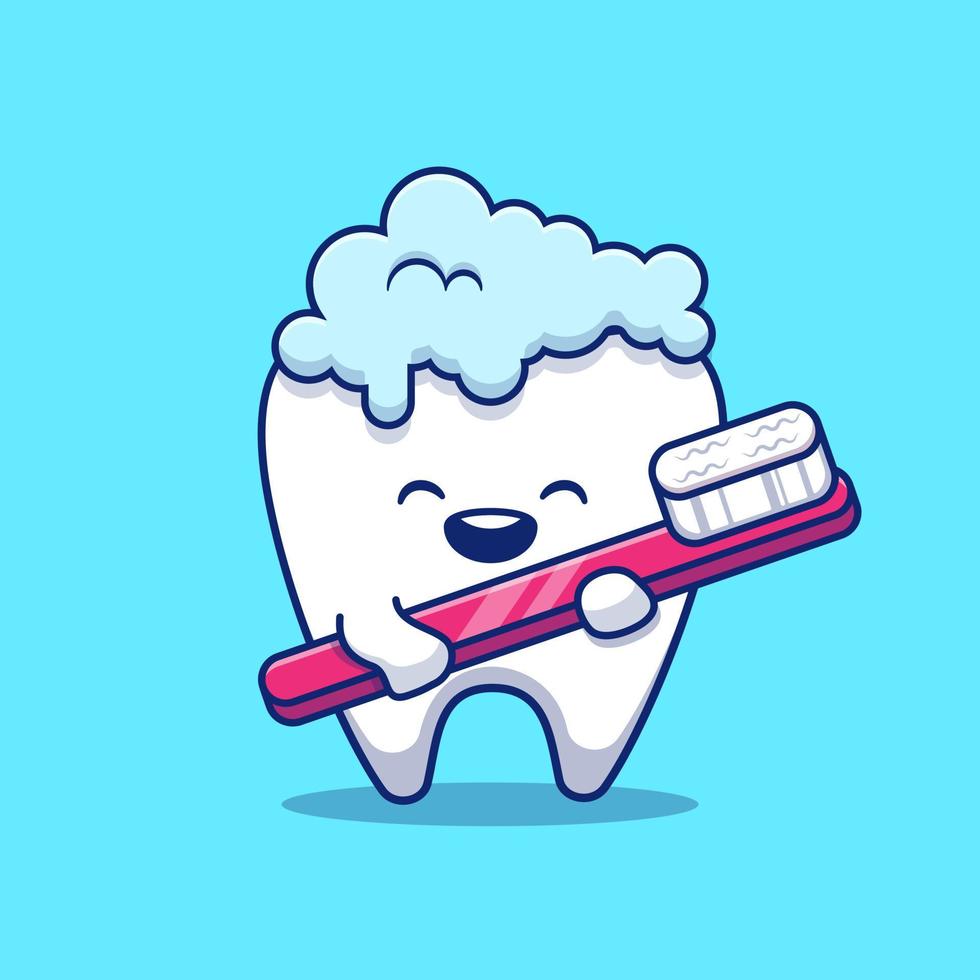 Cute Tooth Brushing Cartoon Vector Icon Illustration. Dental Health Icon Concept Isolated Premium Vector. Flat Cartoon Style