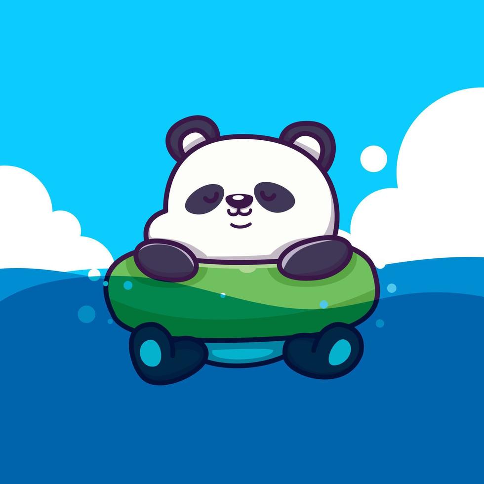 Lindo panda con ilustración de icono de vector de dibujos animados de anillo de natación. concepto de icono de verano animal vector premium aislado. estilo de dibujos animados plana