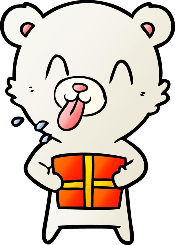 rude cartoon polar bear sticking out tongue with present vector