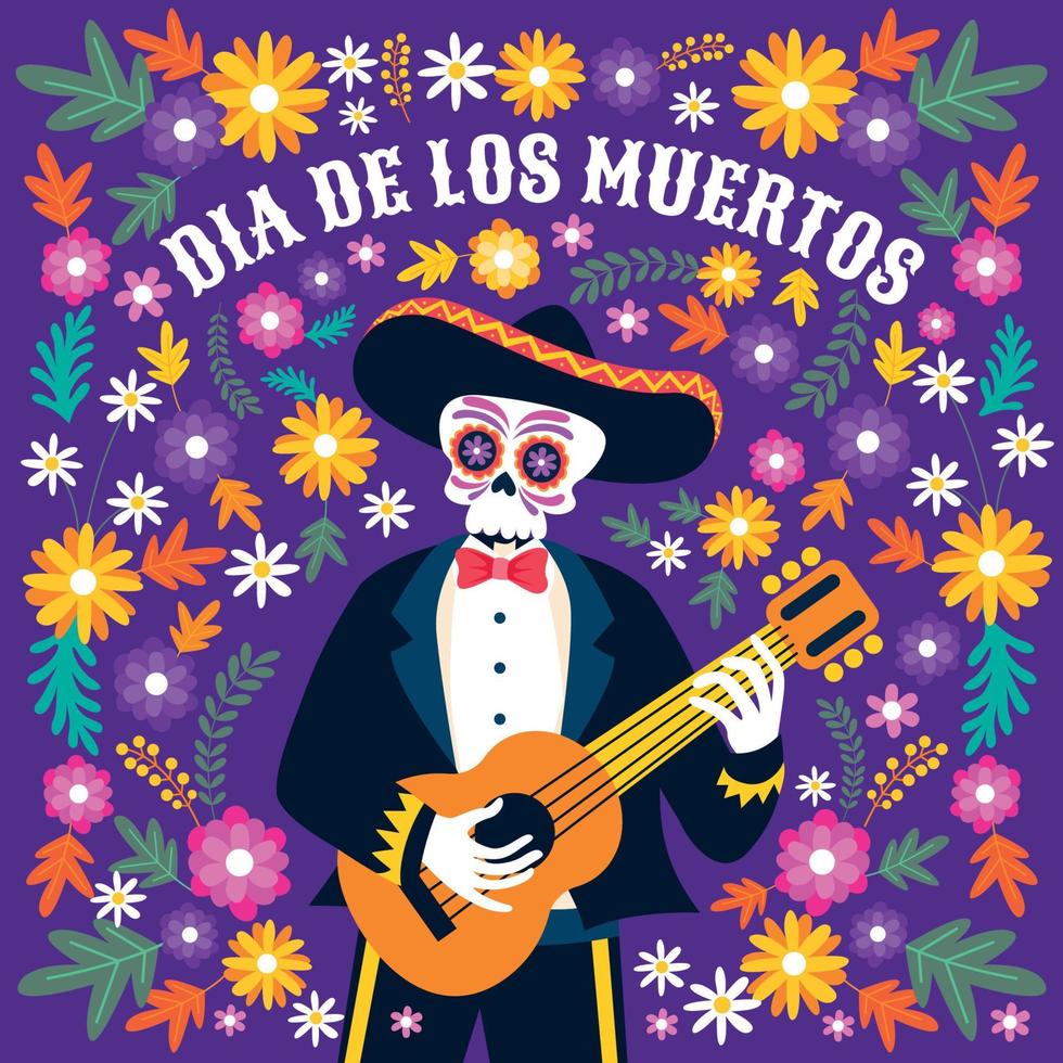 dia de muertos con calavera tocando guitarra vector