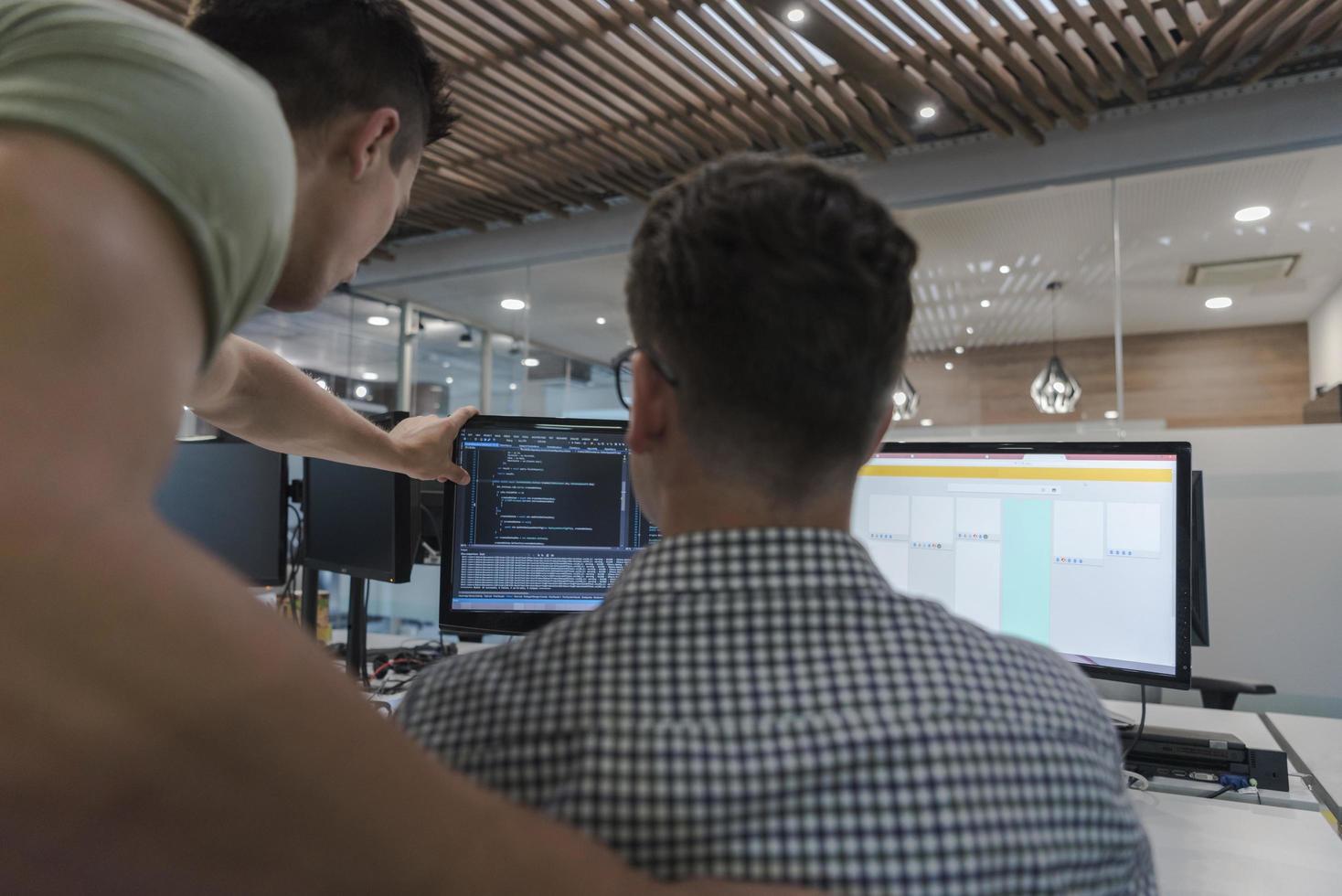 startup business people group working as team to find solution photo
