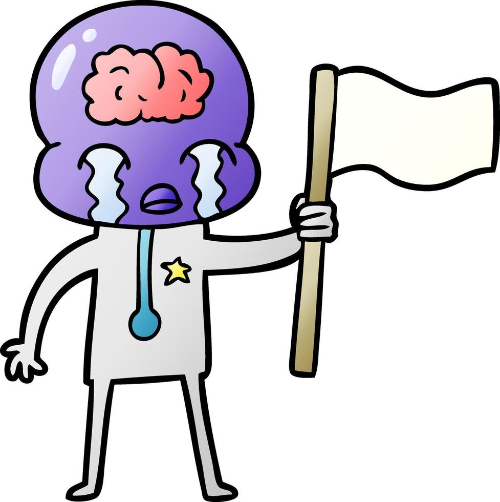 cartoon crying big brain alien waving a flag vector