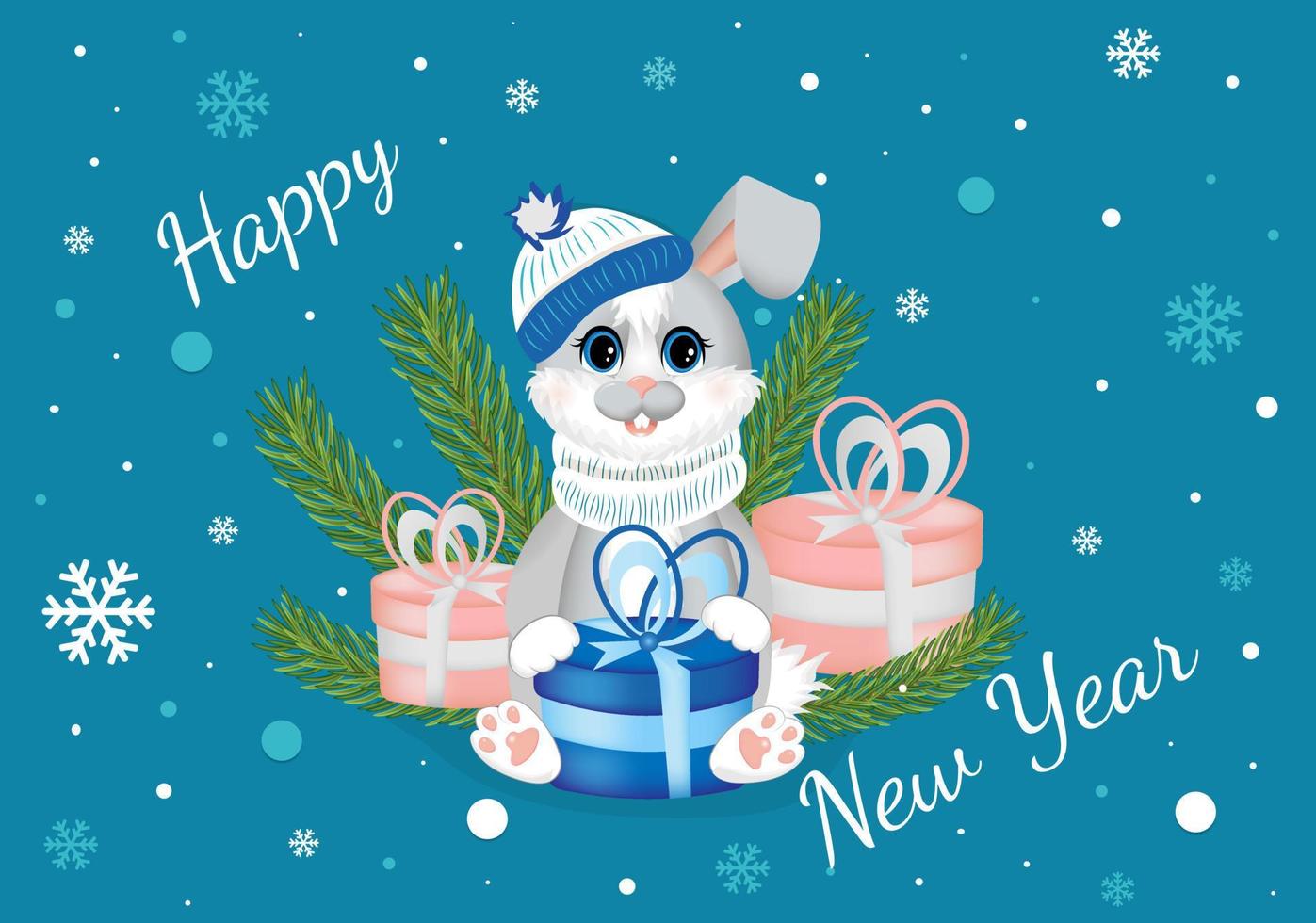 Greeting postcard. Happy new year 2023 with symbol of the year rabbit hare. vector