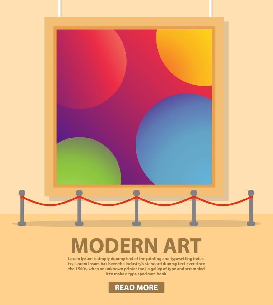 art gallery museum interior in flat vector. Exhibition of modern art.Concept of design  banner  websites or mobile applications.Showroom abstract painting exposition.Poster geometrical figures circles vector