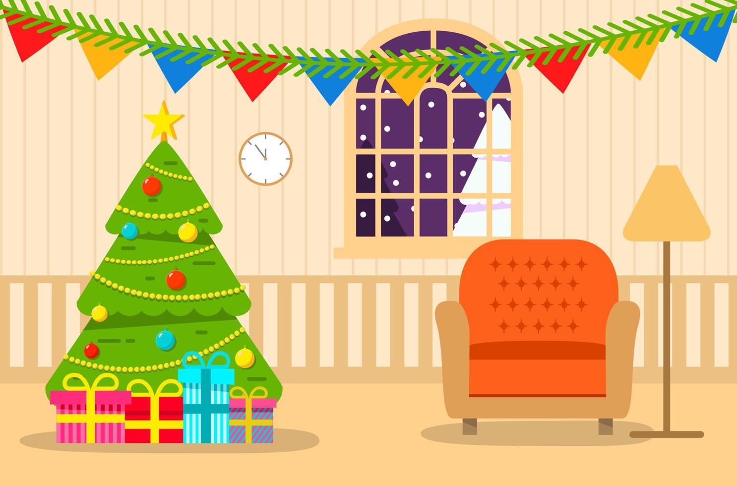 árbol de navidad sala de estar con regalos. feliz año nuevo. escena de vacaciones concepto de tarjeta de felicitación de invierno. tarjeta festiva. guirnalda de oro y bola de luces. pino de hoja perenne. apartamento completo. vector plano.