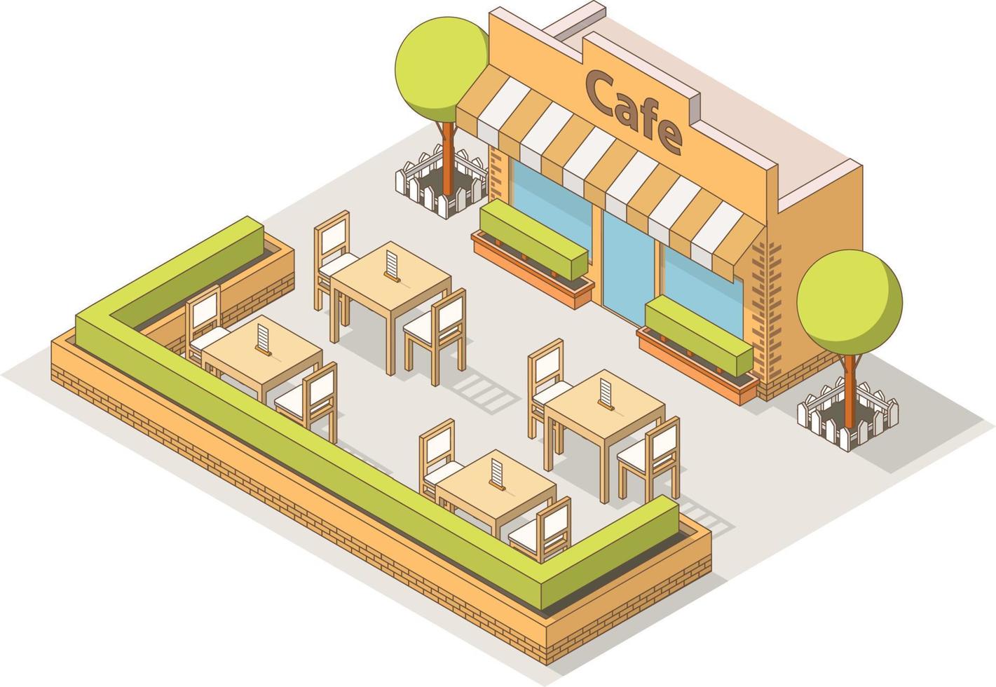 interior isométrico del café de la calle, mesas y sillas, árboles. edificio de restaurante de elemento infográfico. productos de madera. vector plano de arte lineal. arbustos de esgrima de ladrillo, verandah.