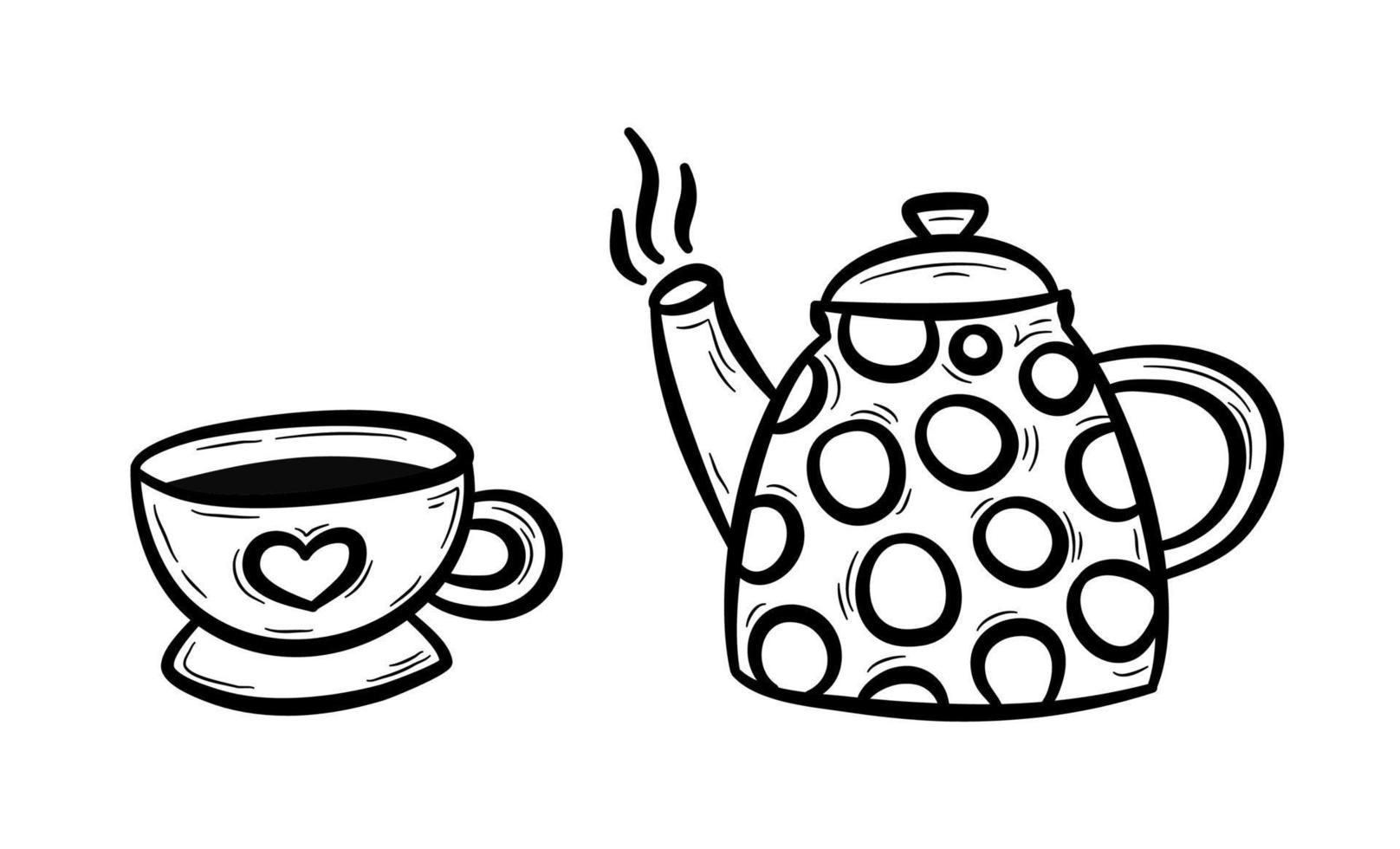 Hand drawn cup and teapot.  Tableware, kitchen utensils for drinks.  Flat vector illustration in doodle style.