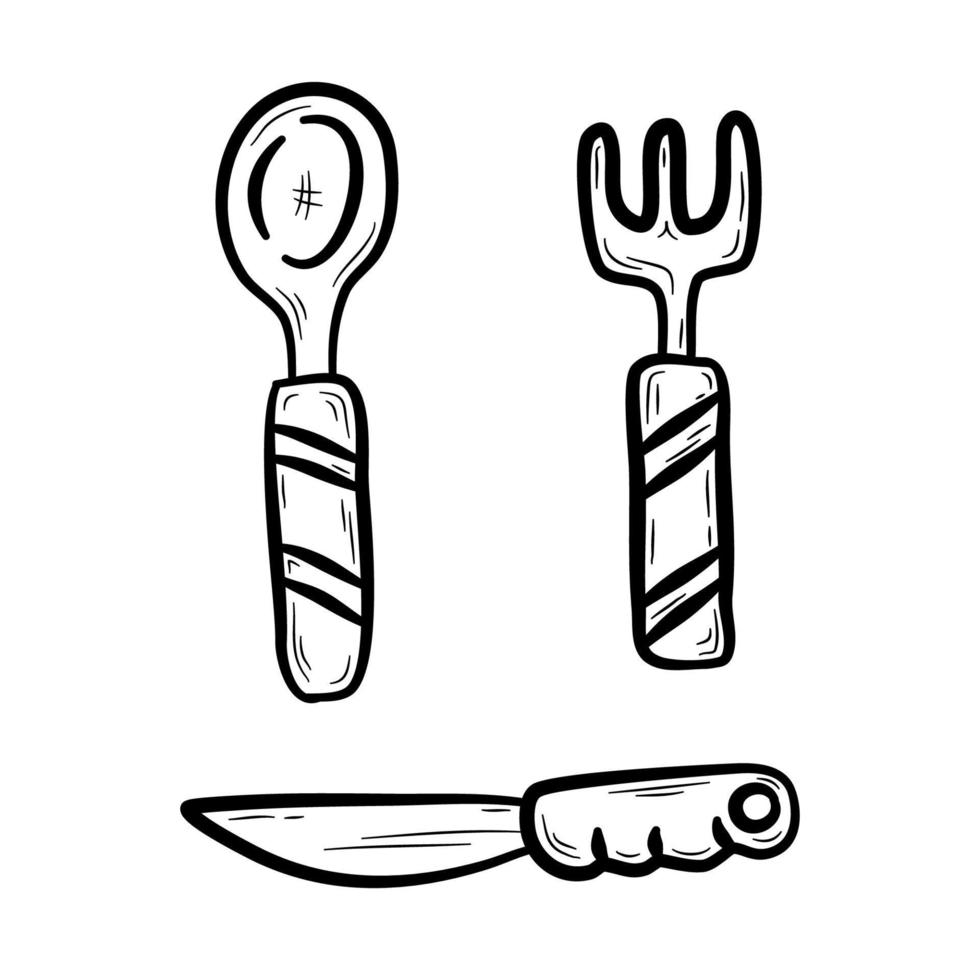 Hand drawn spoon, fork and knife.  Cutlery, kitchen utensils for eating and serving food.  Flat vector illustration in doodle style.