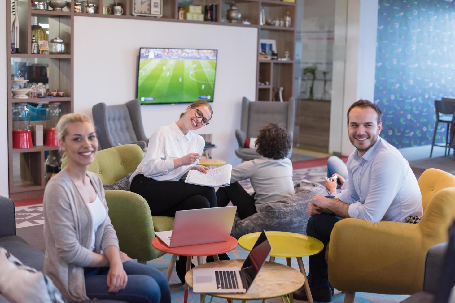Startup Business Team At A Meeting at modern office building photo