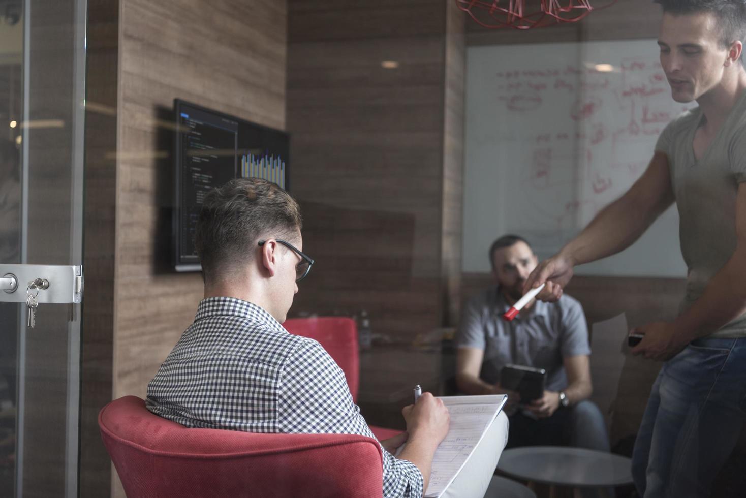 team meeting and brainstorming in small private office photo