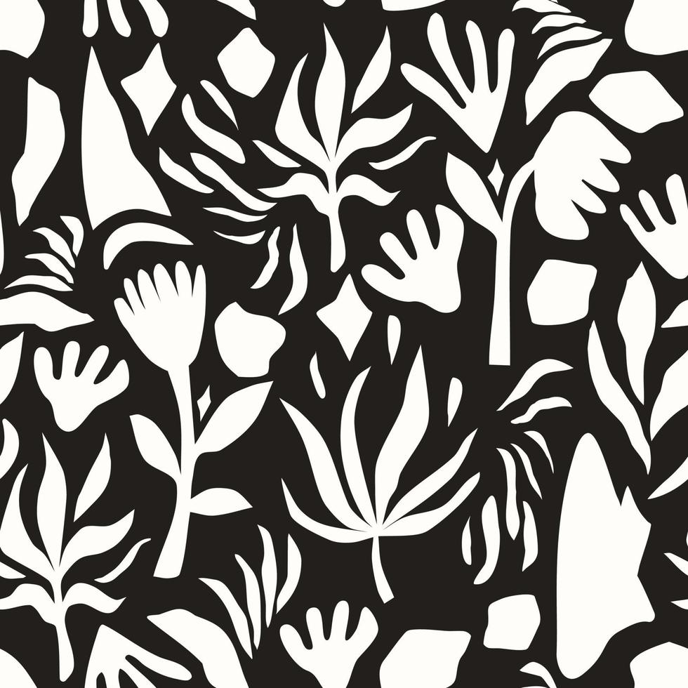 Floral monochrome abstract seamless design on black background. vector