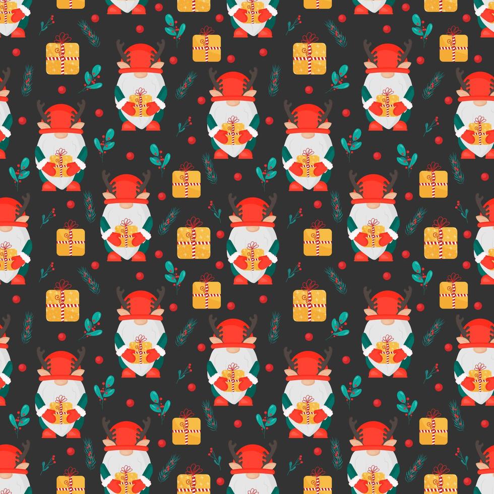 Christmas seamless pattern with Scandinavian gnomes and gifts. Cute dwarf deer. Use for print, fabric, paper, cover, poster, postcard, New Year's design, scrapbooking, sticker. vector