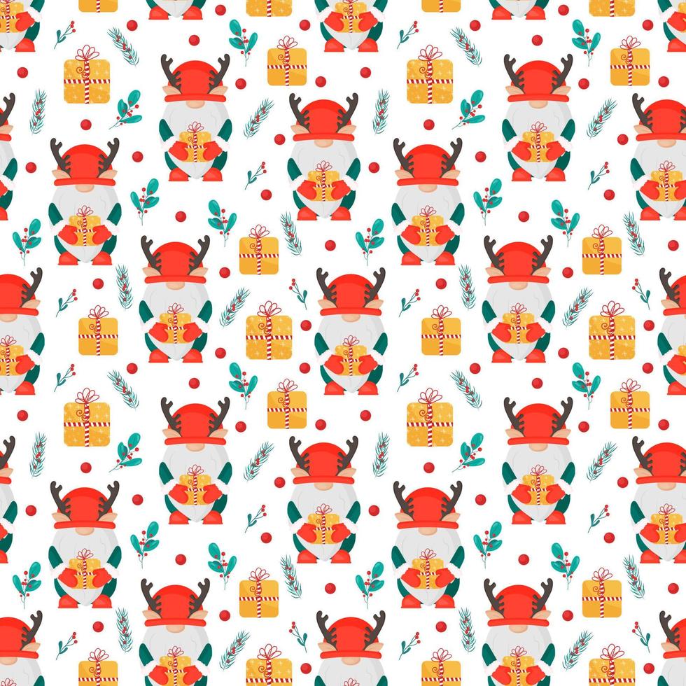 Christmas seamless pattern with Scandinavian gnomes and gifts. Cute dwarf deer. Use for print, fabric, paper, cover, poster, postcard, New Year's design, scrapbooking, sticker. vector
