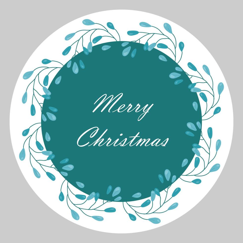 Stickers with different inscriptions Merry Christmas. Happy New Year 2023. Vector design of a round greeting card, stickers, emblems, tags with text and a fir wreath with berries