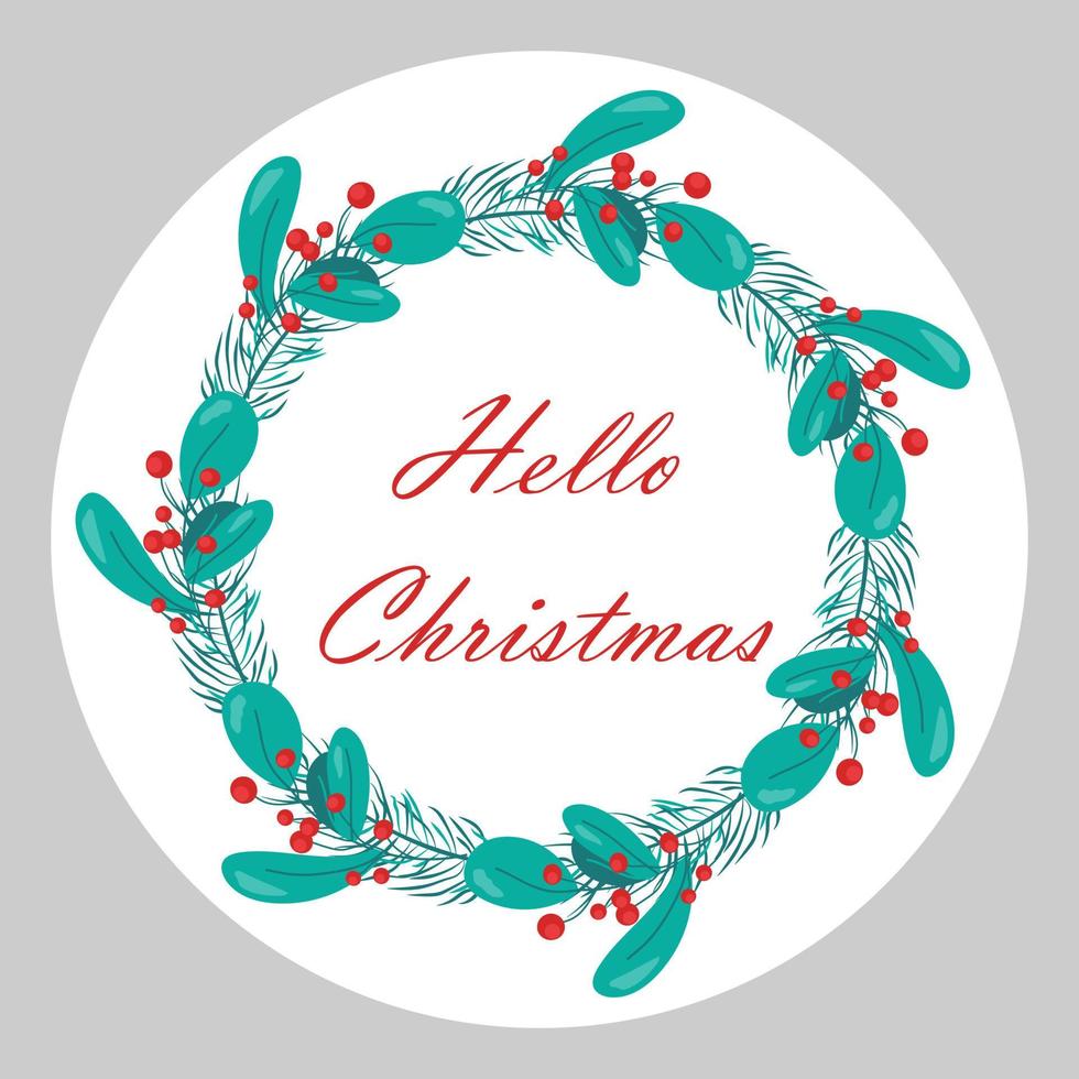 Stickers with different inscriptions Merry Christmas. Happy New Year 2023. Vector design of a round greeting card, stickers, emblems, tags with text and a fir wreath with berries