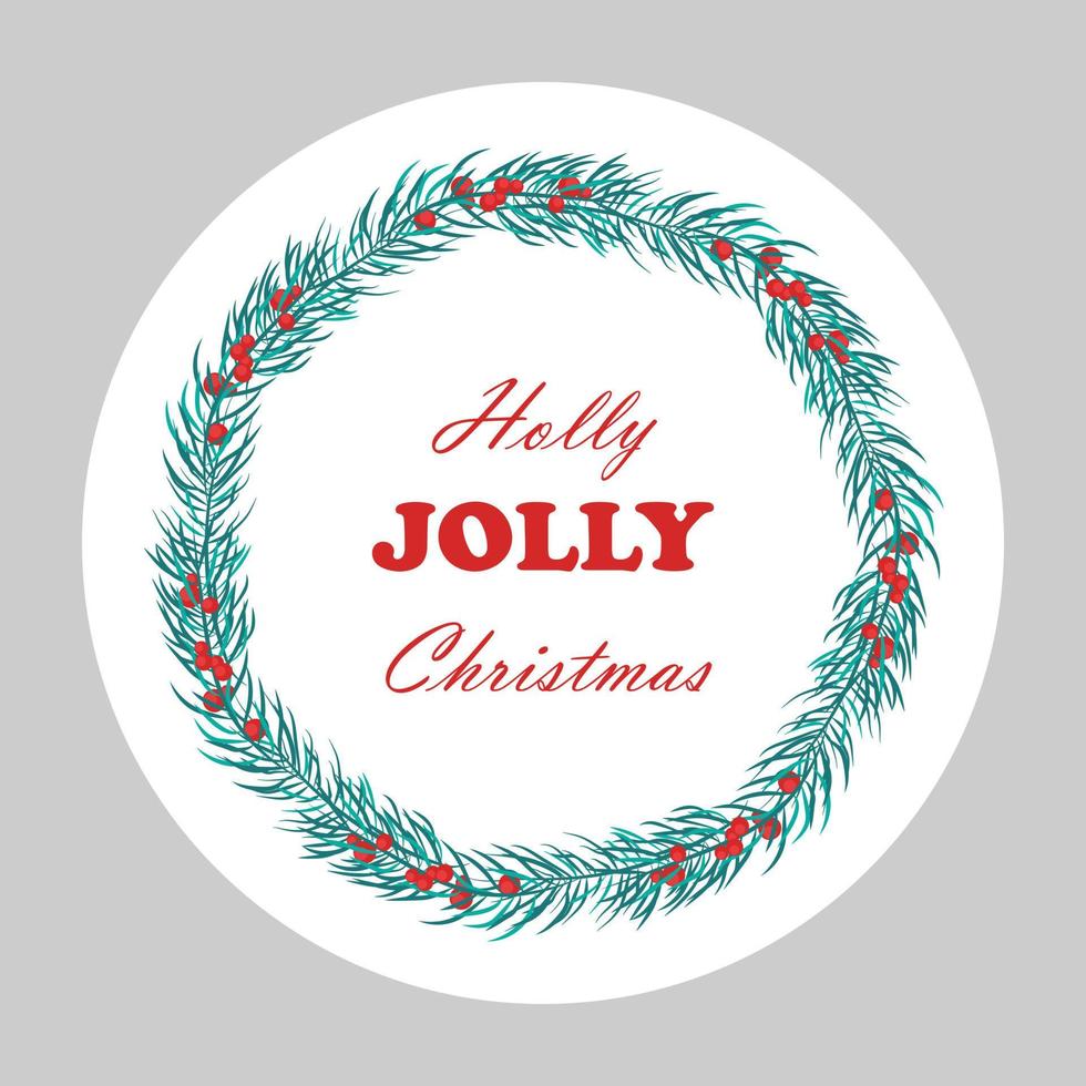 Stickers with different inscriptions Merry Christmas. Happy New Year 2023. Vector design of a round greeting card, stickers, emblems, tags with text and a fir wreath with berries