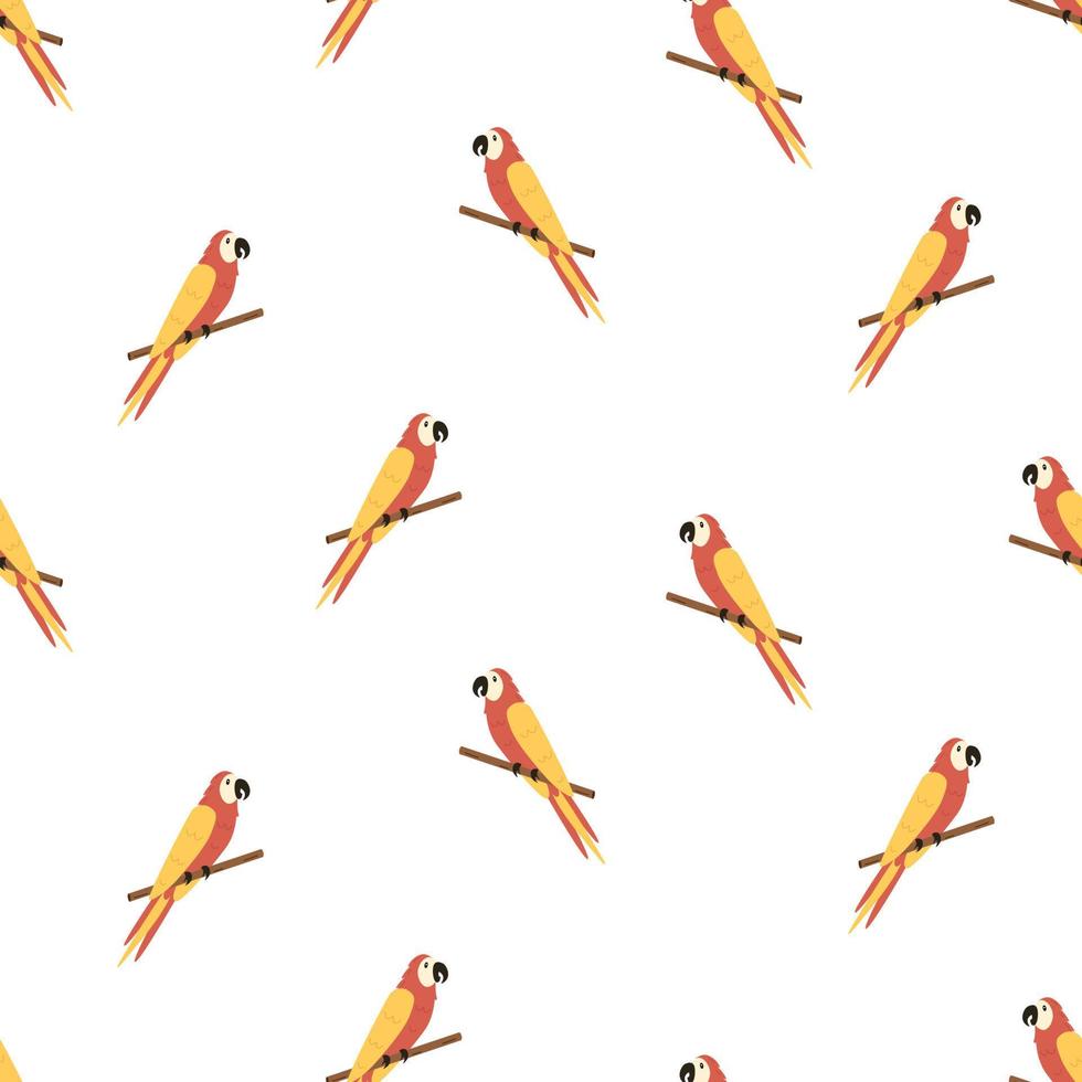 Seamless pattern cute cartoon macaw parrot is sitting on a branch. Background, wallpaper for printing on clothing packaging vector