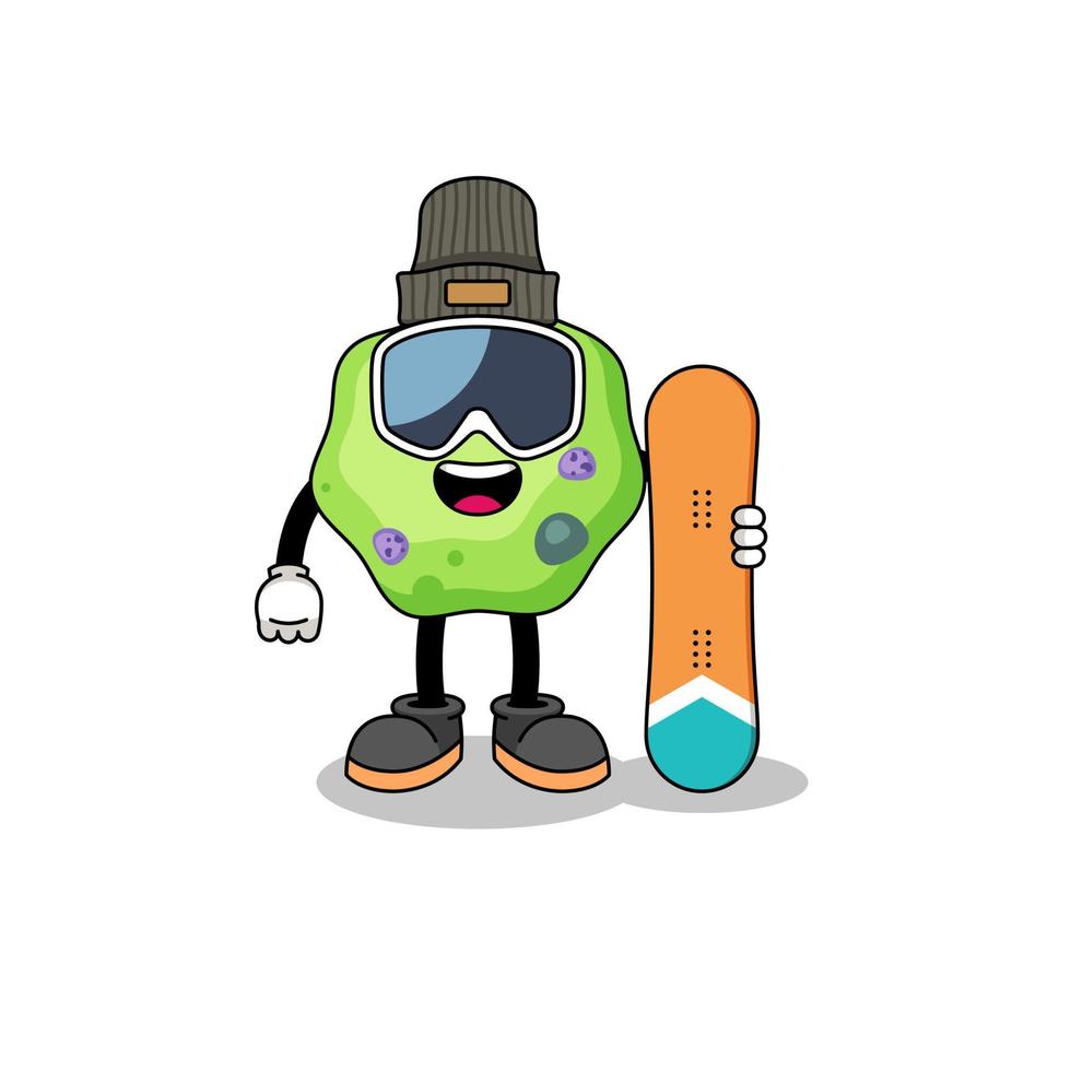 caricatura de mascota de ameba jugador de snowboard vector