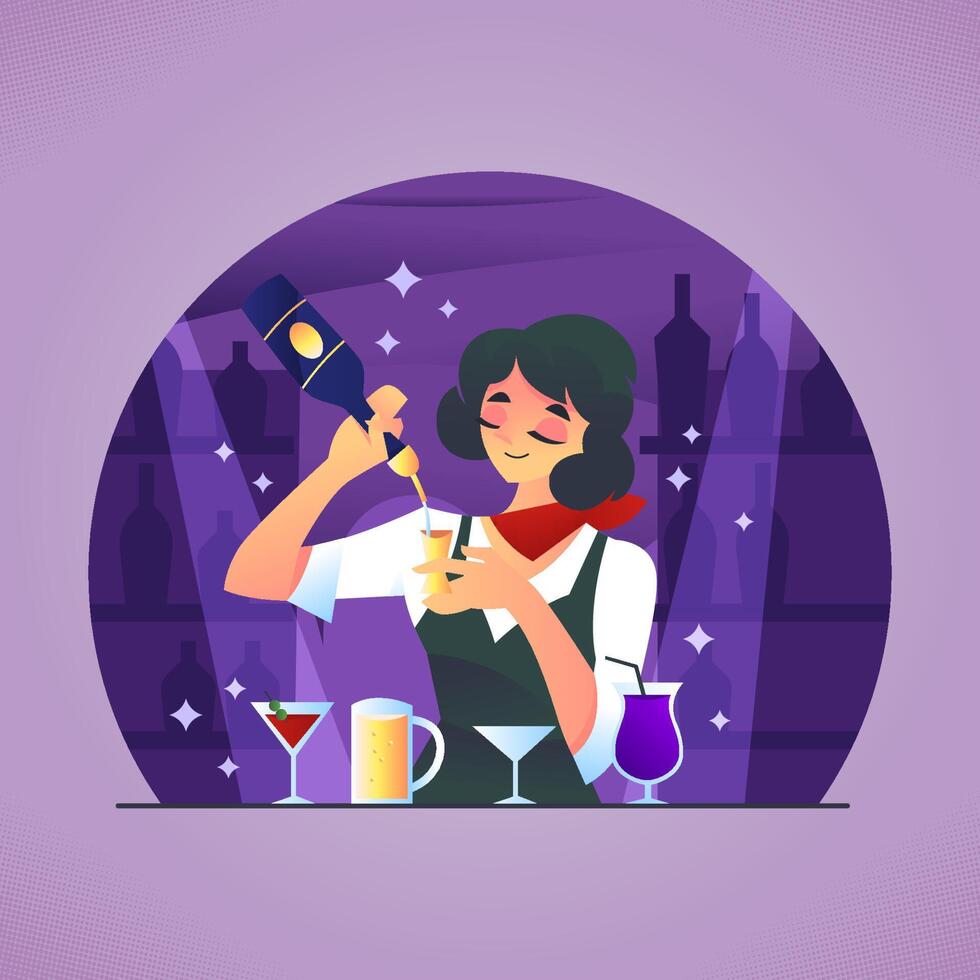 A Woman Serves Drinks At A Bar vector