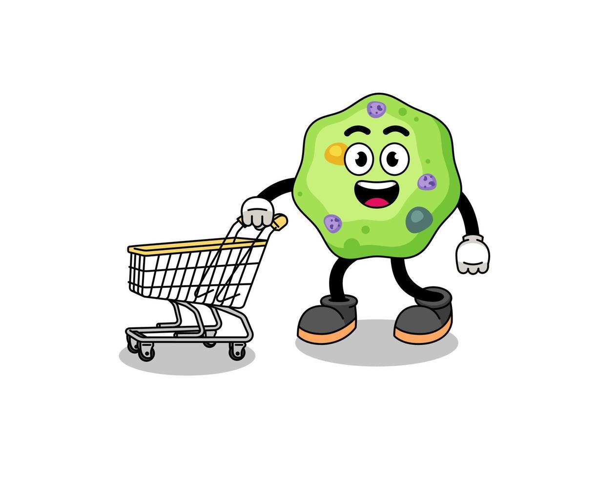 caricatura de ameba sosteniendo un carrito de compras vector