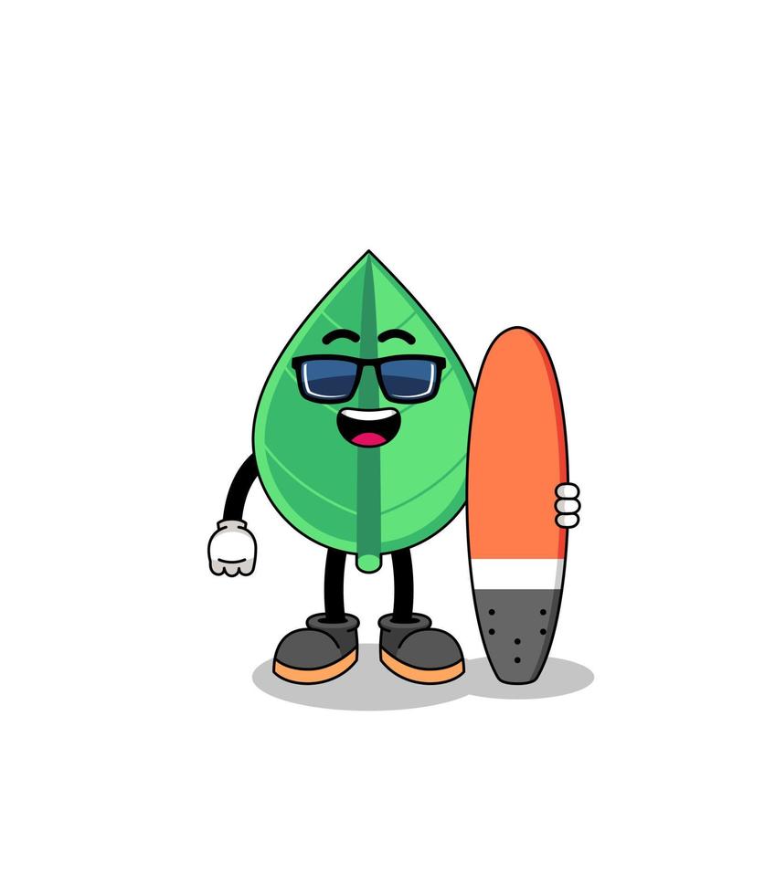 caricatura de mascota de la hoja como surfista vector