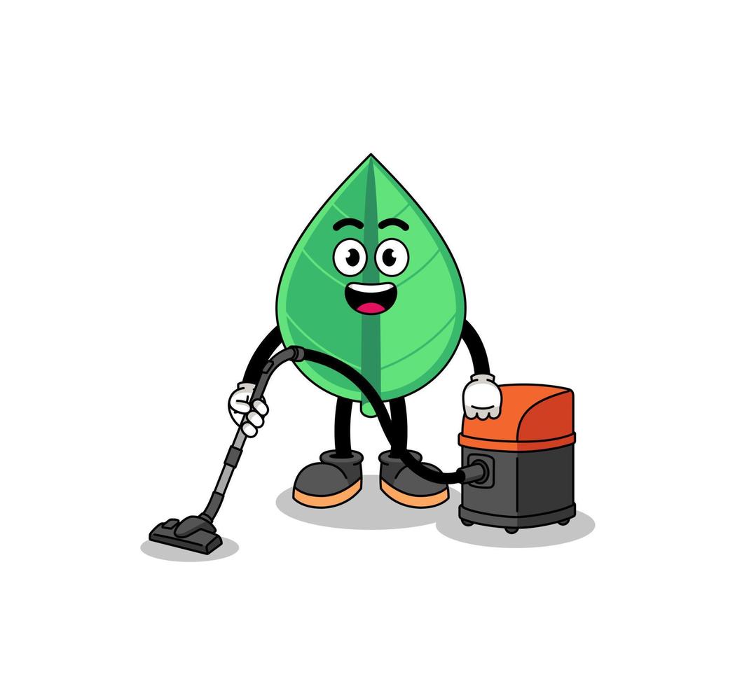 Character mascot of leaf holding vacuum cleaner vector