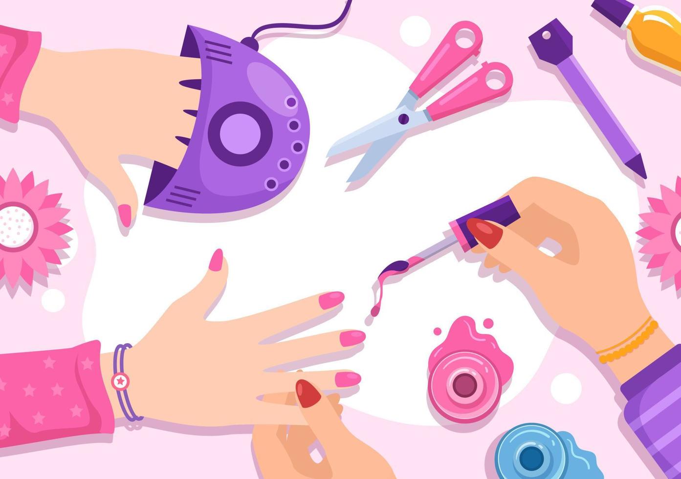 plantilla de salón de esmalte de uñas ilustración plana de dibujos animados dibujados a mano recepción de manicura o pedicura con herramientas y accesorios para un concepto de niña vector