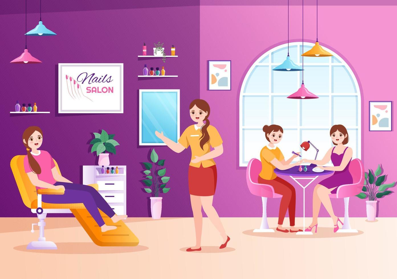 Nail Polish Salon Template Hand Drawn Cartoon Flat Illustration Receiving of Manicure or Pedicure with Tools and Accessories to a Young Girl Concept vector