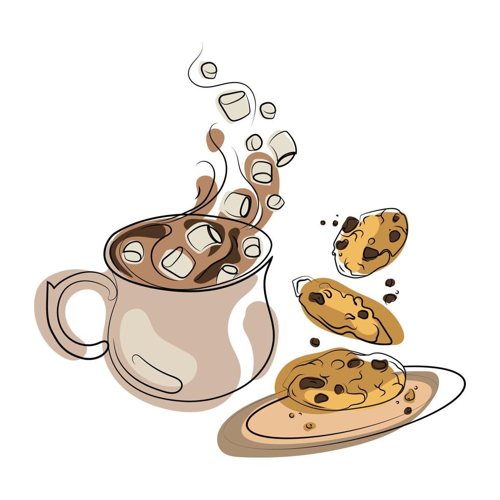 cacao o chocolate caliente con malvaviscos y galletas con trocitos de chocolate cayendo en un plato dibujado a mano ilustración vectorial moderna de postre.galletas con trocitos de chocolate y bebida caliente,dulce para la temporada de frío vector