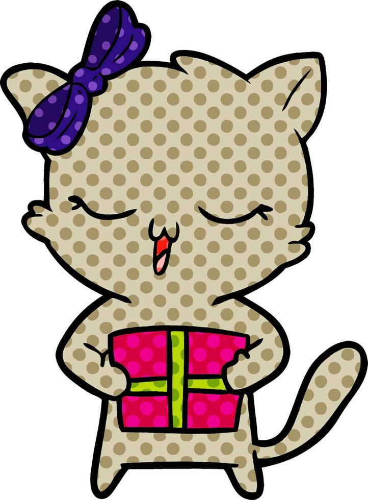 cartoon girl cat with christmas present vector
