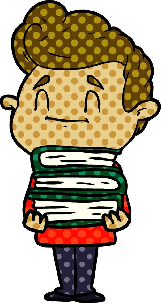 happy cartoon man with stack of new books vector