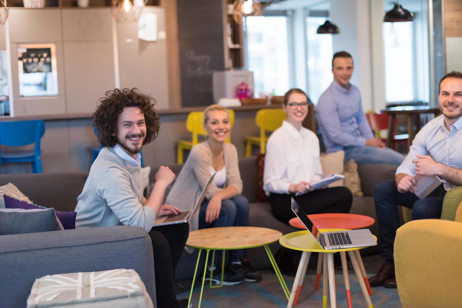 Startup Business Team At A Meeting at modern office building photo
