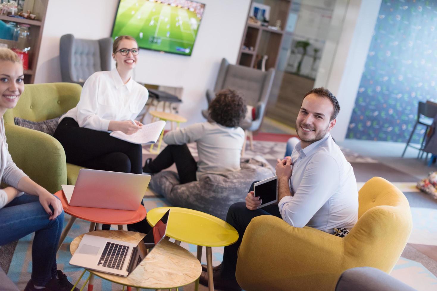 Startup Business Team At A Meeting at modern office building photo