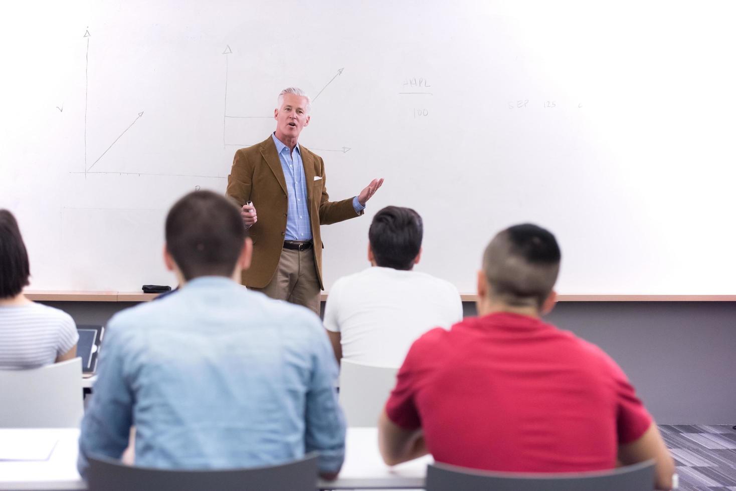 teacher with a group of students in classroom photo