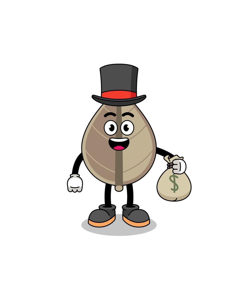 dried leaf mascot illustration rich man holding a money sack vector