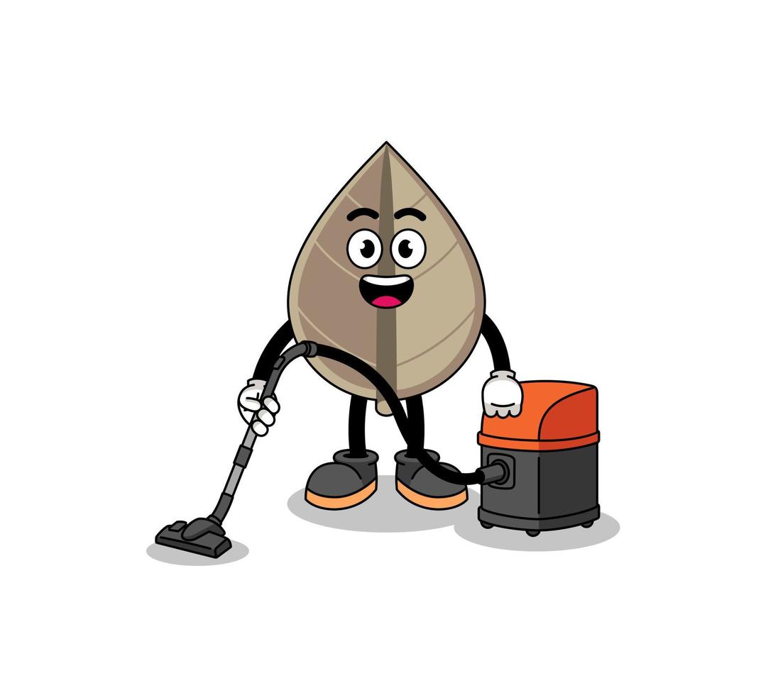 Character mascot of dried leaf holding vacuum cleaner vector