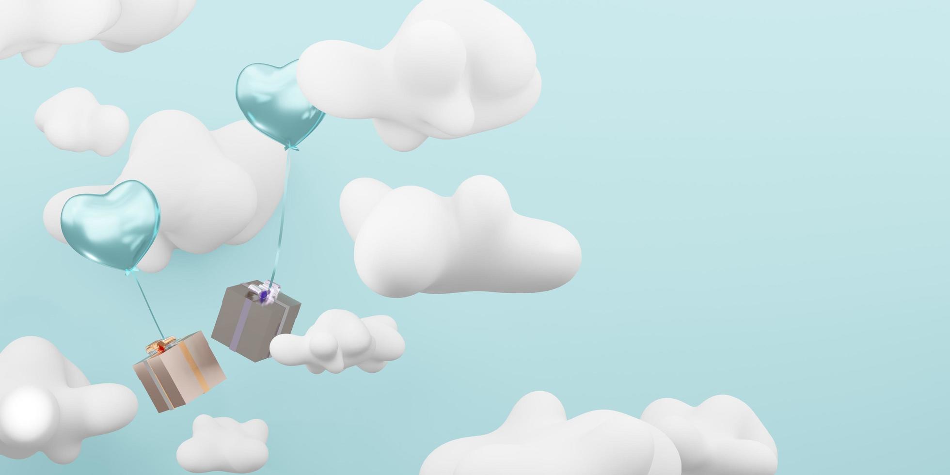 Background image of balloons and gift boxes floating in the blue sky on a cloudy day new year card birthday card 3d illustration photo