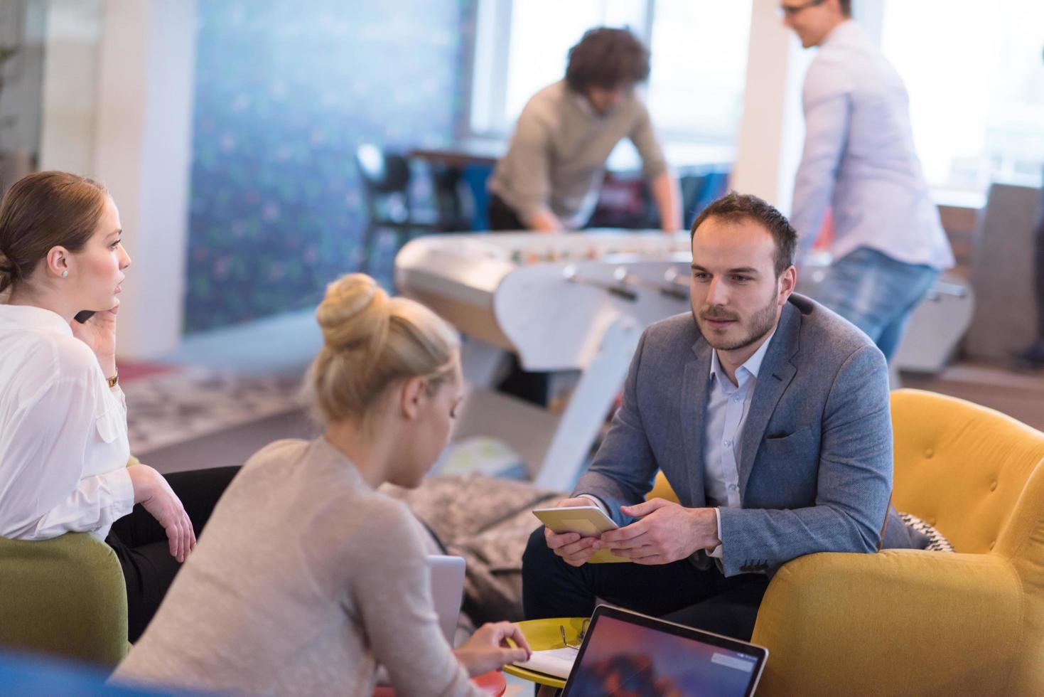 Startup Business Team At A Meeting at modern office building photo
