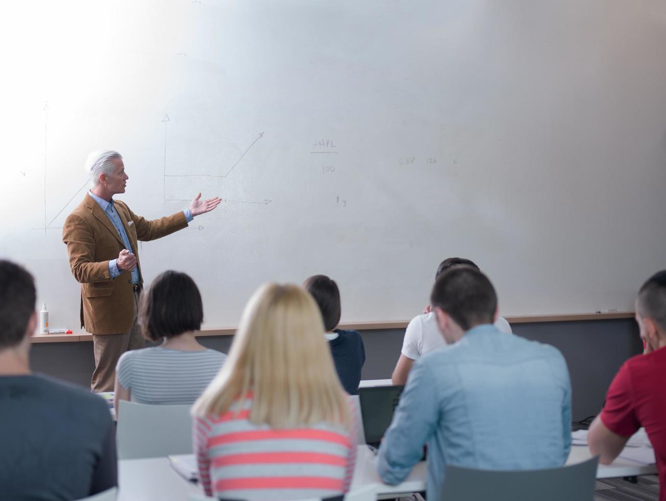 teacher with a group of students in classroom photo