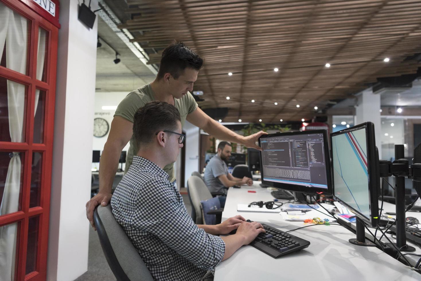 startup business people group working as team to find solution photo