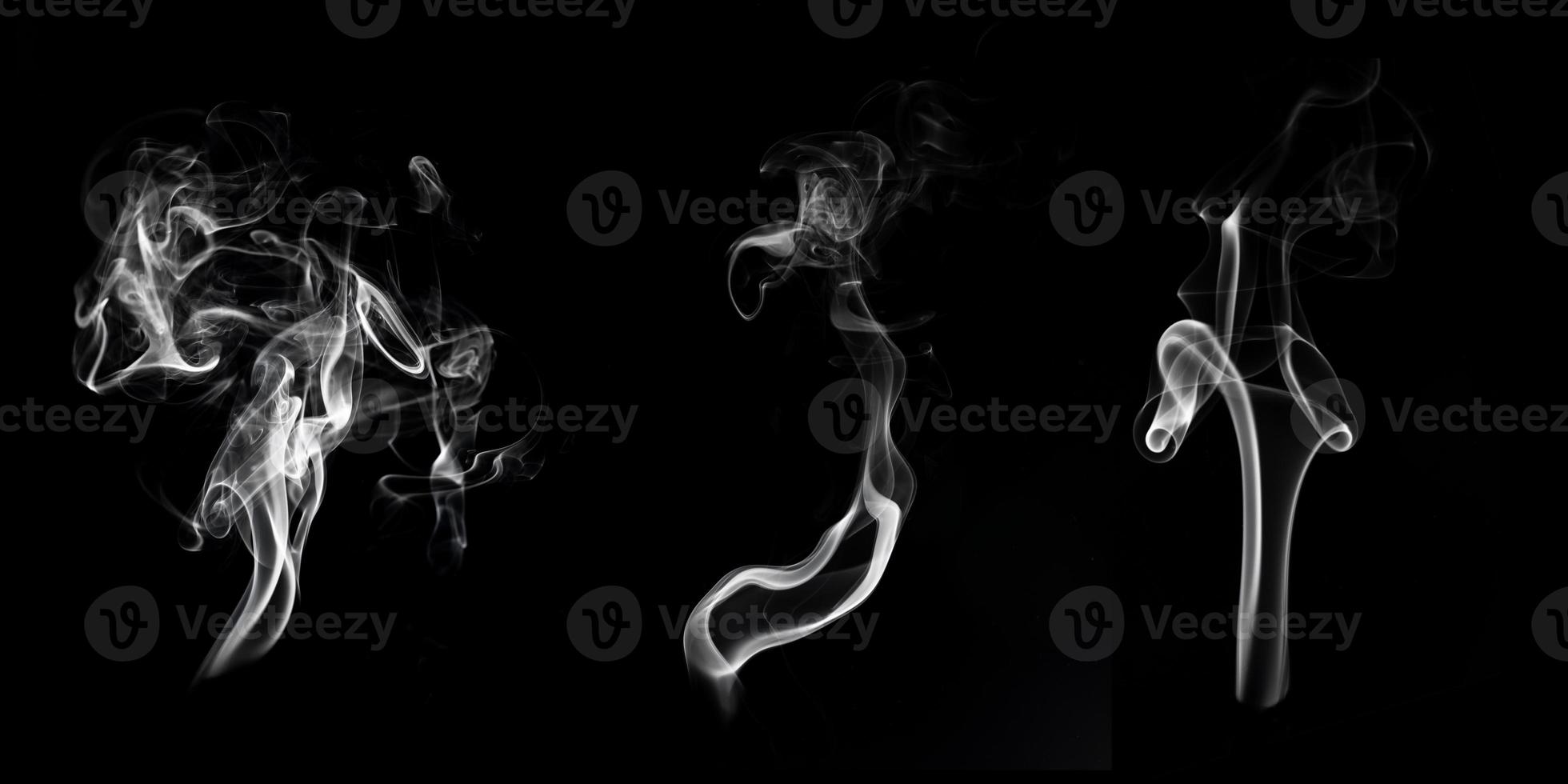 Multi style of white smoke pack shot in studio, white smoke from incense and black background, wave and splash shape for design, object and background concept photo