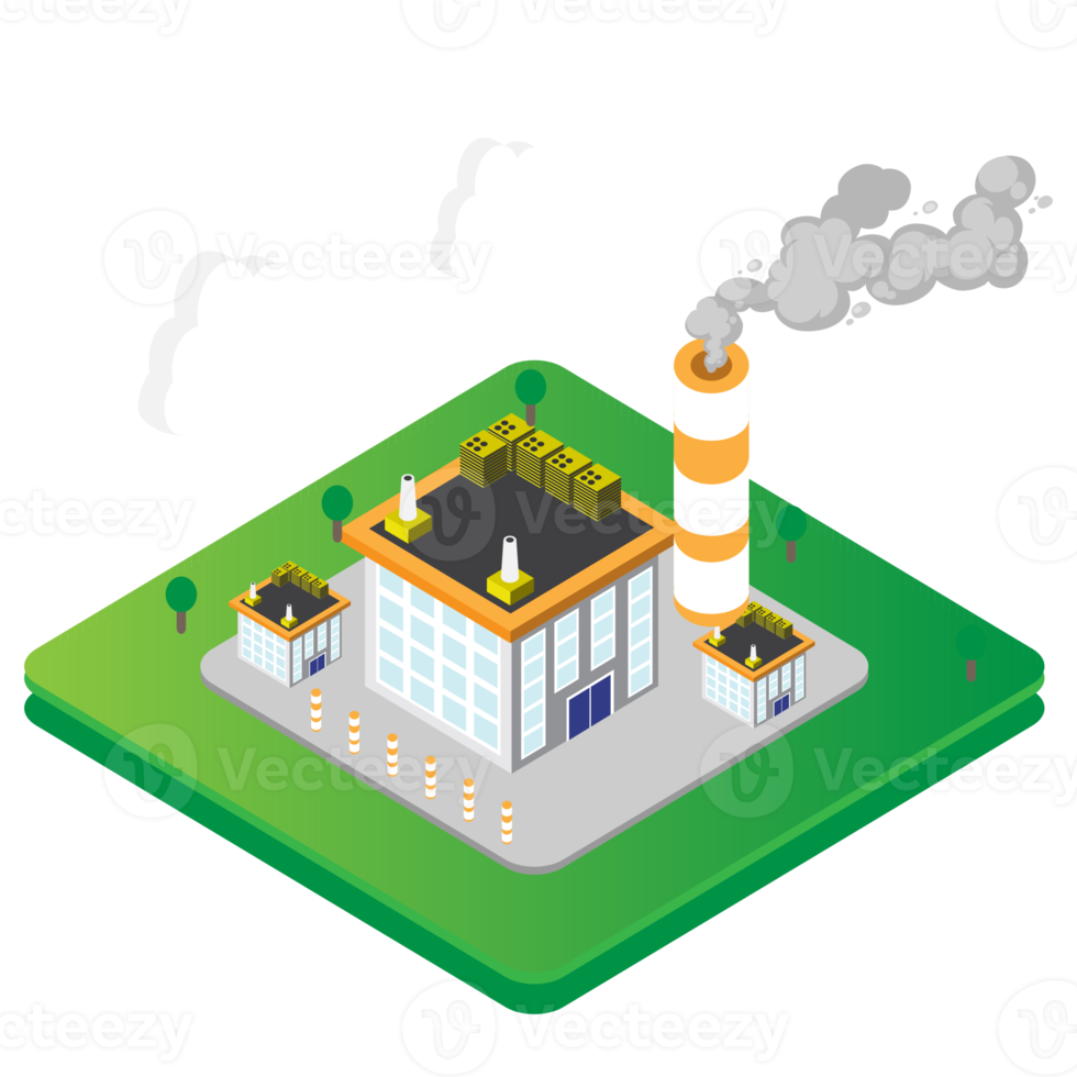 Climate Change Isometric Background with green grass. factory smoke, and cloud png