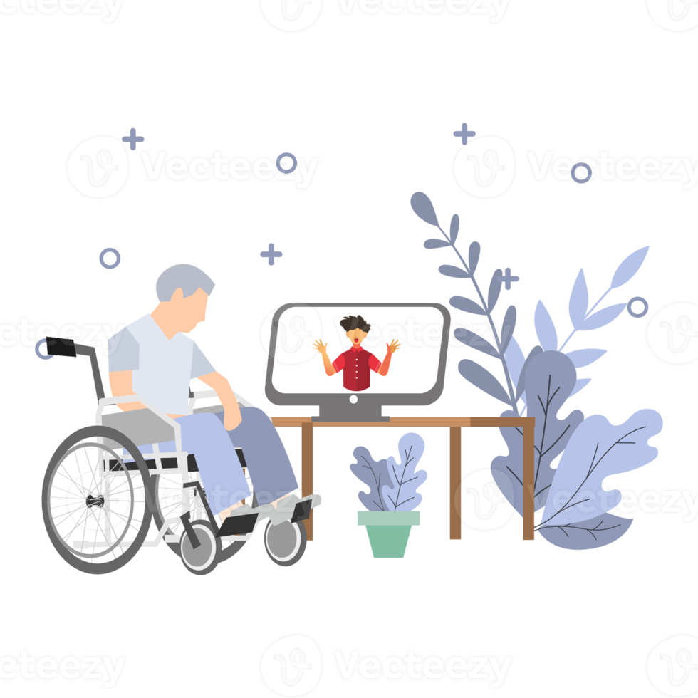 Video Call people communicating via sign language. with wheelchairs and monitor. for web or media social template post banner png